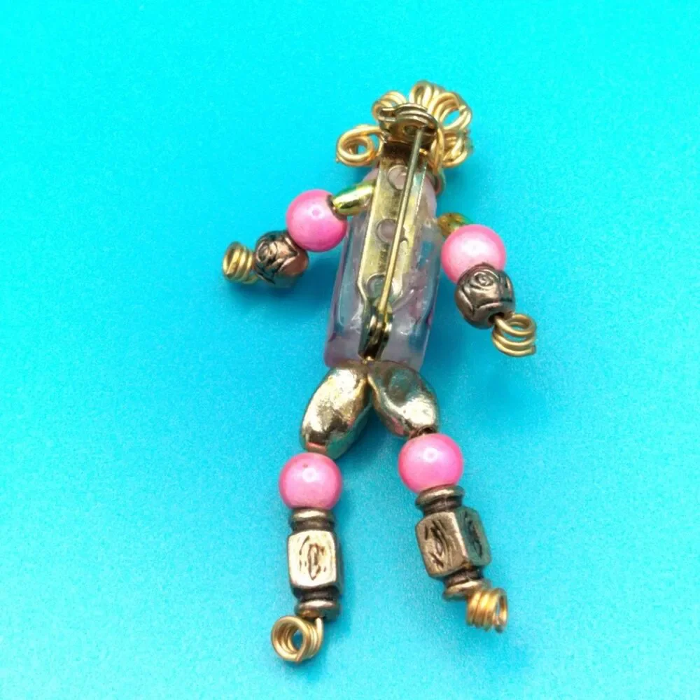 Handmade Beaded Doll Brooch Pink Gold Wire Art Pin Vintage Style 2.5” Jewelry